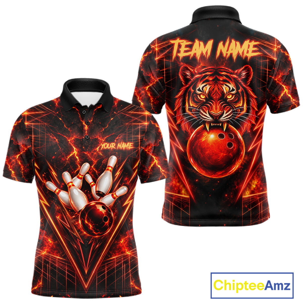 Fire Flame Tiger Bowling Shirt For Women Personalized Red Fiery Tiger Bowling Polo 1/4-Zip Team Jersey NYN4504