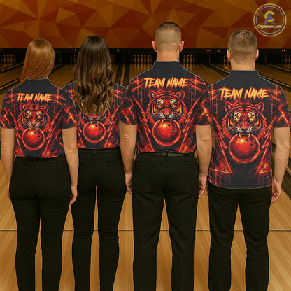 Fire Flame Tiger Bowling Shirt For Women Personalized Red Fiery Tiger Bowling Polo 1/4-Zip Team Jersey NYN4504