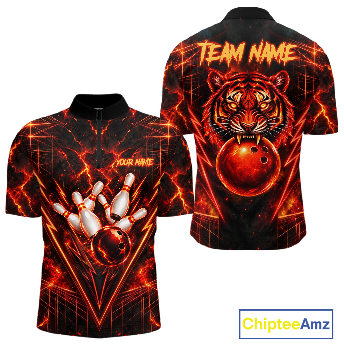 Fire Flame Tiger Bowling Shirt For Women Personalized Red Fiery Tiger Bowling Polo 1/4-Zip Team Jersey NYN4504