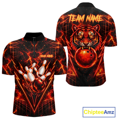 Fire Flame Tiger Bowling Shirt For Women Personalized Red Fiery Tiger Bowling Polo 1/4-Zip Team Jersey NYN4504