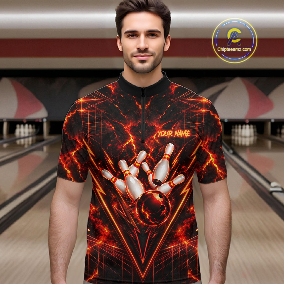 Fire Flame Tiger Bowling Shirt For Women Personalized Red Fiery Tiger Bowling Polo 1/4-Zip Team Jersey NYN4504