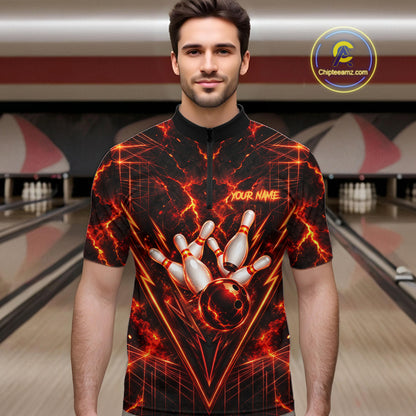 Fire Flame Tiger Bowling Shirt For Women Personalized Red Fiery Tiger Bowling Polo 1/4-Zip Team Jersey NYN4504
