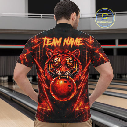 Fire Flame Tiger Bowling Shirt For Women Personalized Red Fiery Tiger Bowling Polo 1/4-Zip Team Jersey NYN4504