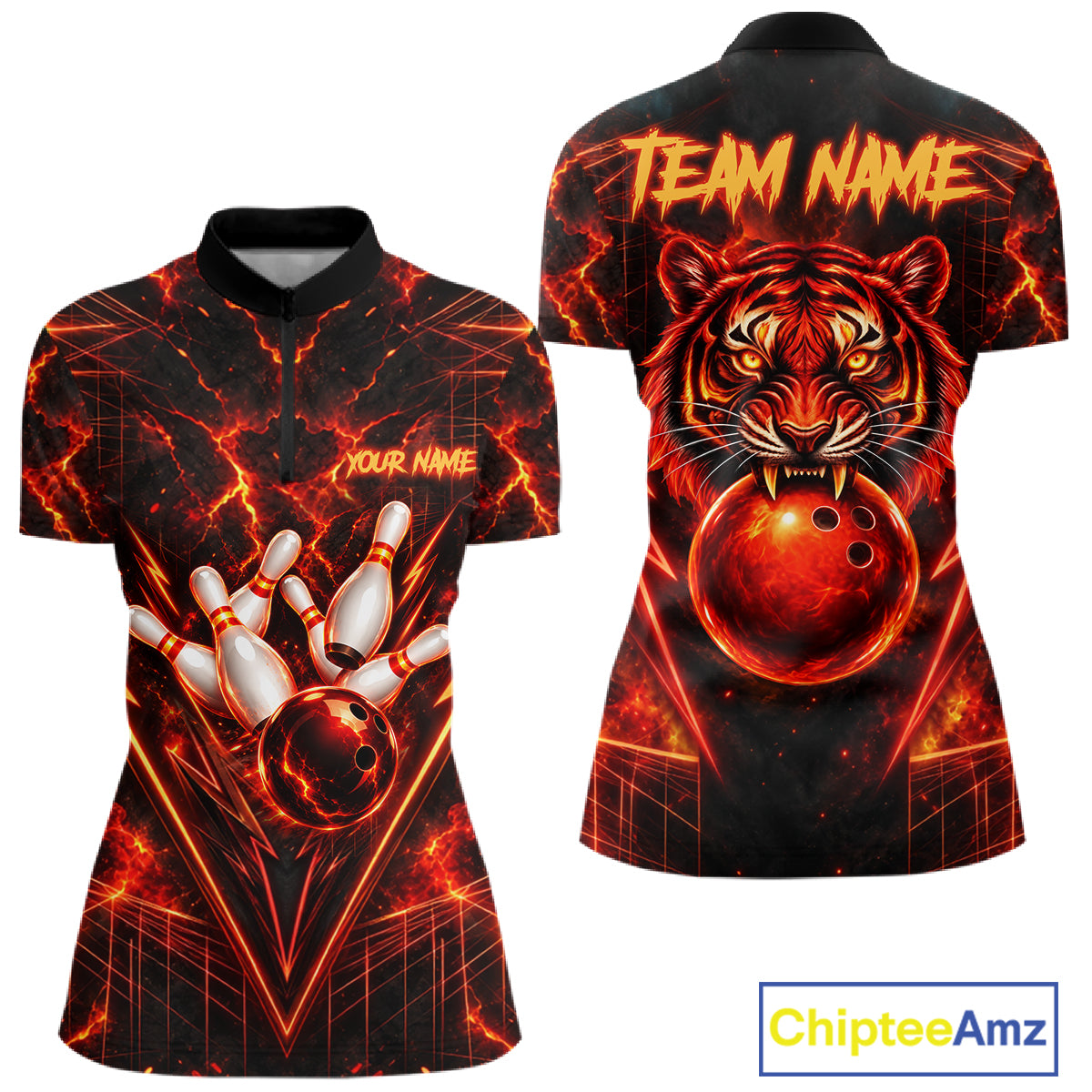 Fire Flame Tiger Bowling Shirt For Men Personalized Red Fiery Tiger Bowling Polo 1/4-Zip Team Jersey NYN4504