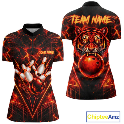 Fire Flame Tiger Bowling Shirt For Men Personalized Red Fiery Tiger Bowling Polo 1/4-Zip Team Jersey NYN4504