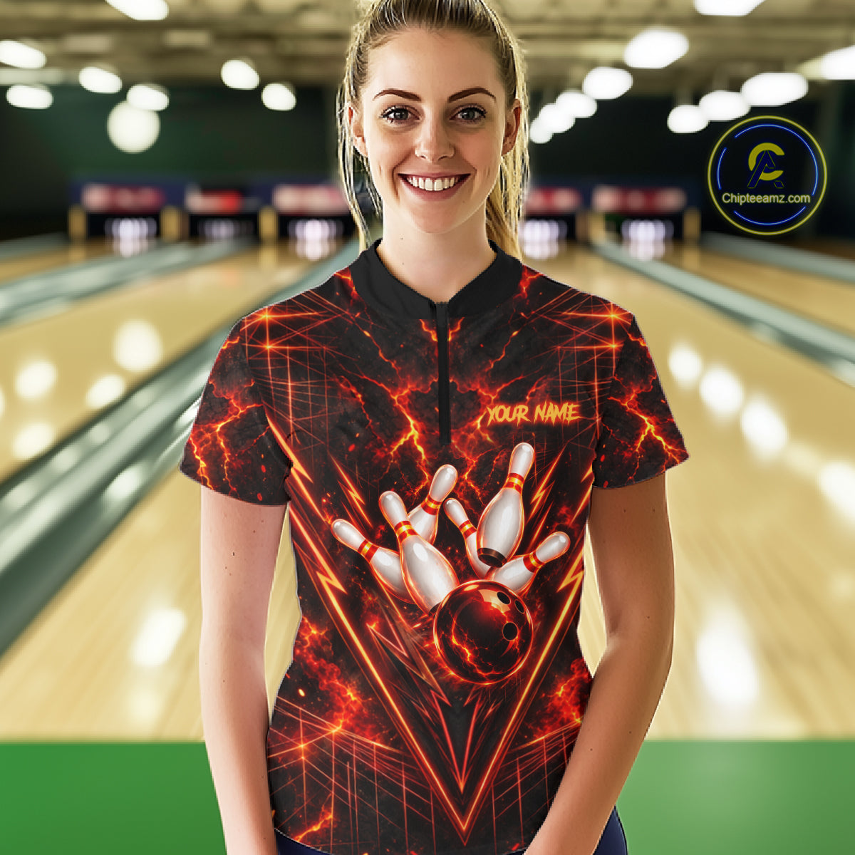 Fire Flame Tiger Bowling Shirt For Men Personalized Red Fiery Tiger Bowling Polo 1/4-Zip Team Jersey NYN4504