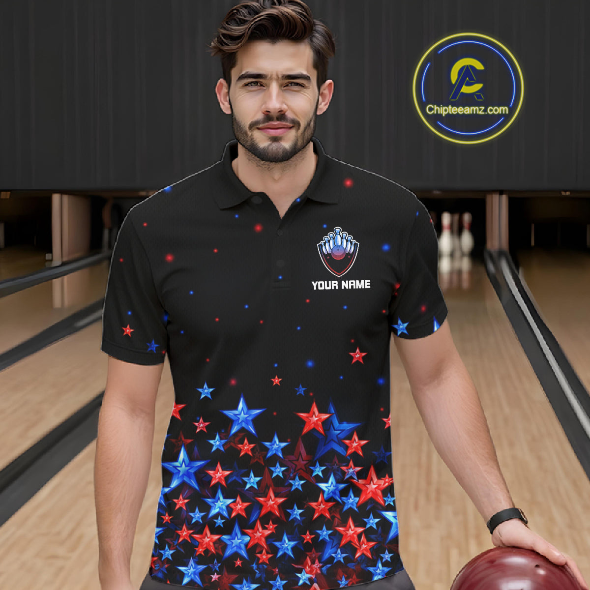 Personalized Women Bowling Shirt Red & Blue Star Bowling Ball & Pins Team Bowling Jersey For Men Bowler NYN4515