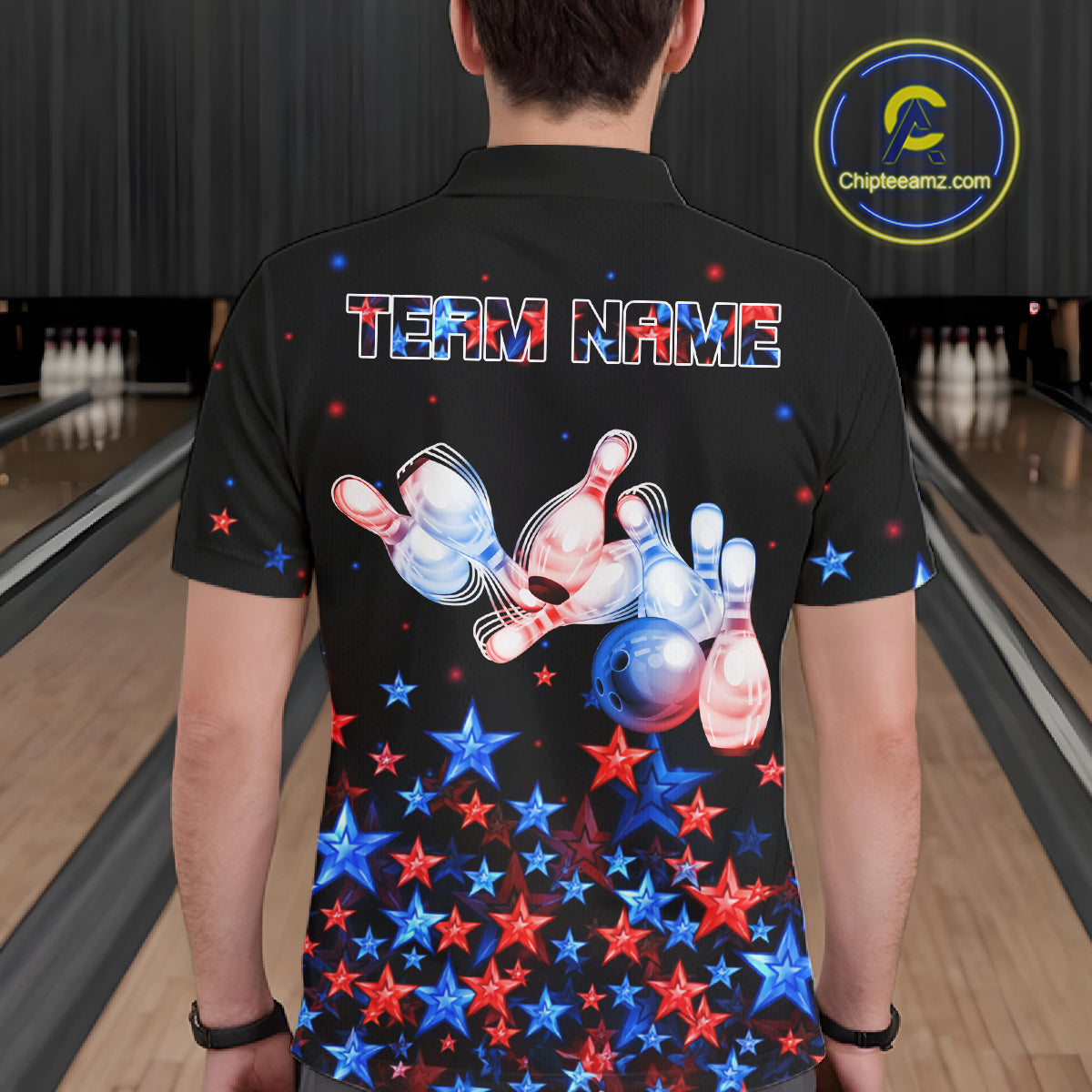 Personalized Women Bowling Shirt Red & Blue Star Bowling Ball & Pins Team Bowling Jersey For Men Bowler NYN4515