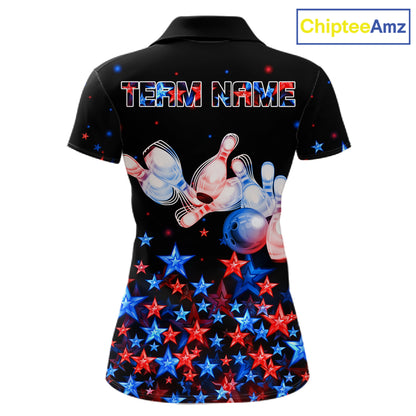 Personalized Mens Bowling Shirt Red & Blue Star Bowling Ball & Pins Team Bowling Jersey For Men Bowler NYN4515