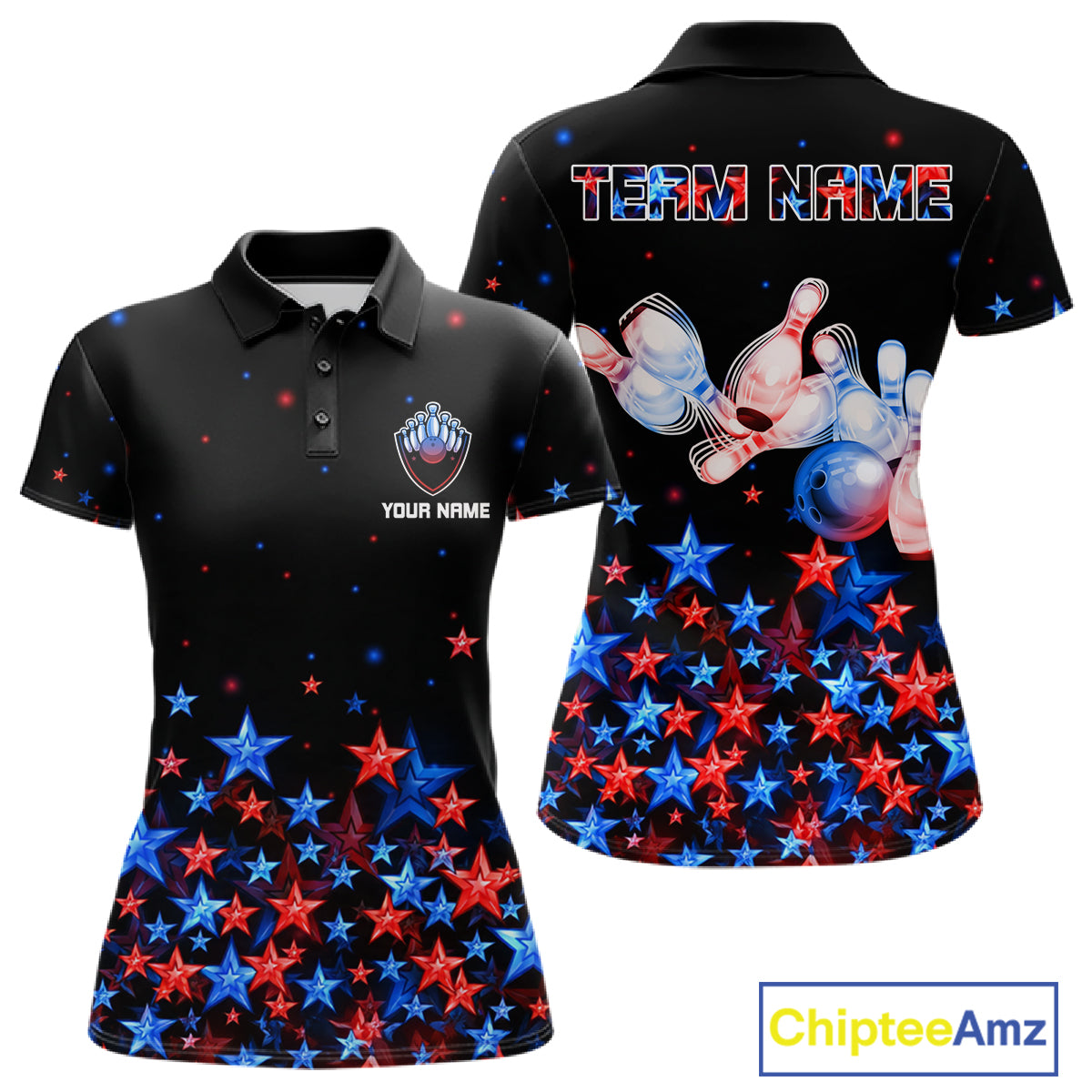 Personalized Mens Bowling Shirt Red & Blue Star Bowling Ball & Pins Team Bowling Jersey For Men Bowler NYN4515