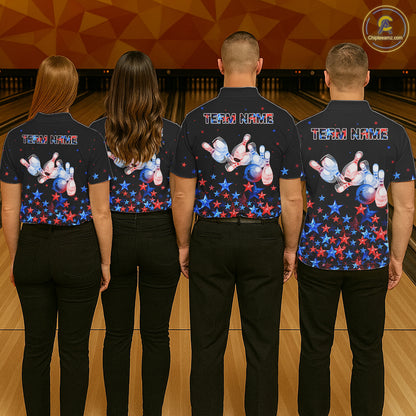 Personalized Women Bowling Shirt Red & Blue Star Bowling Ball & Pins Team Bowling Jersey For Men Bowler NYN4515