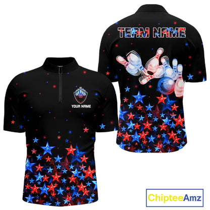 Personalized Women Bowling Shirt Red & Blue Star Bowling Ball & Pins Team Bowling Jersey For Men Bowler NYN4515