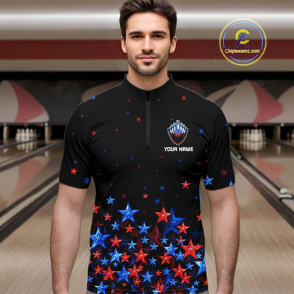 Personalized Women Bowling Shirt Red & Blue Star Bowling Ball & Pins Team Bowling Jersey For Men Bowler NYN4515