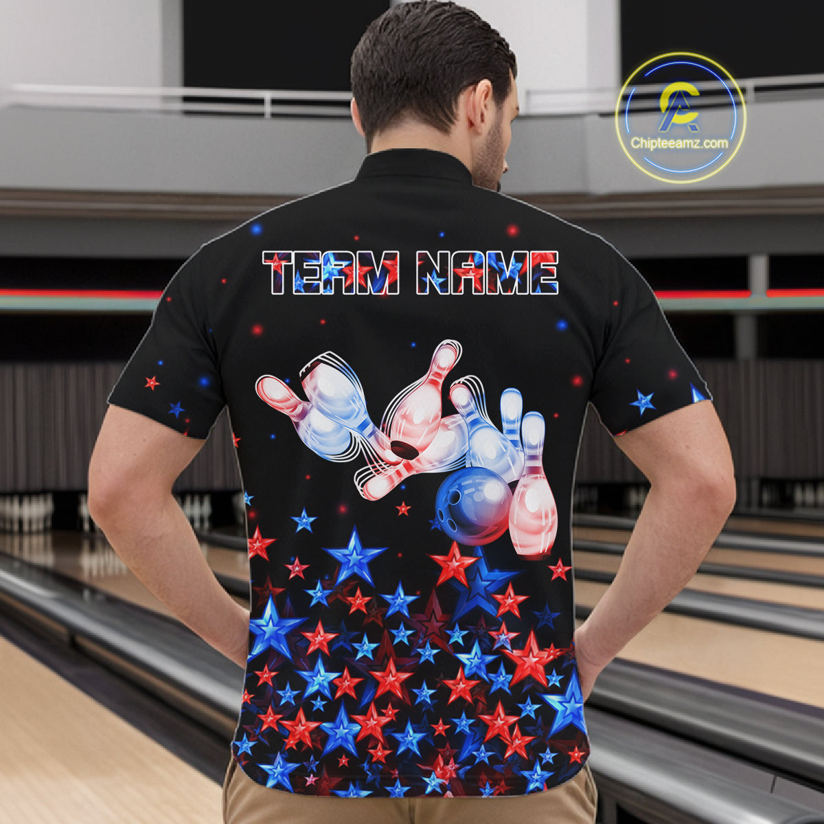 Personalized Women Bowling Shirt Red & Blue Star Bowling Ball & Pins Team Bowling Jersey For Men Bowler NYN4515