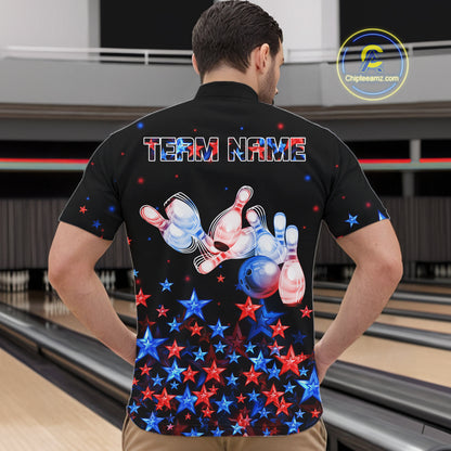 Personalized Women Bowling Shirt Red & Blue Star Bowling Ball & Pins Team Bowling Jersey For Men Bowler NYN4515