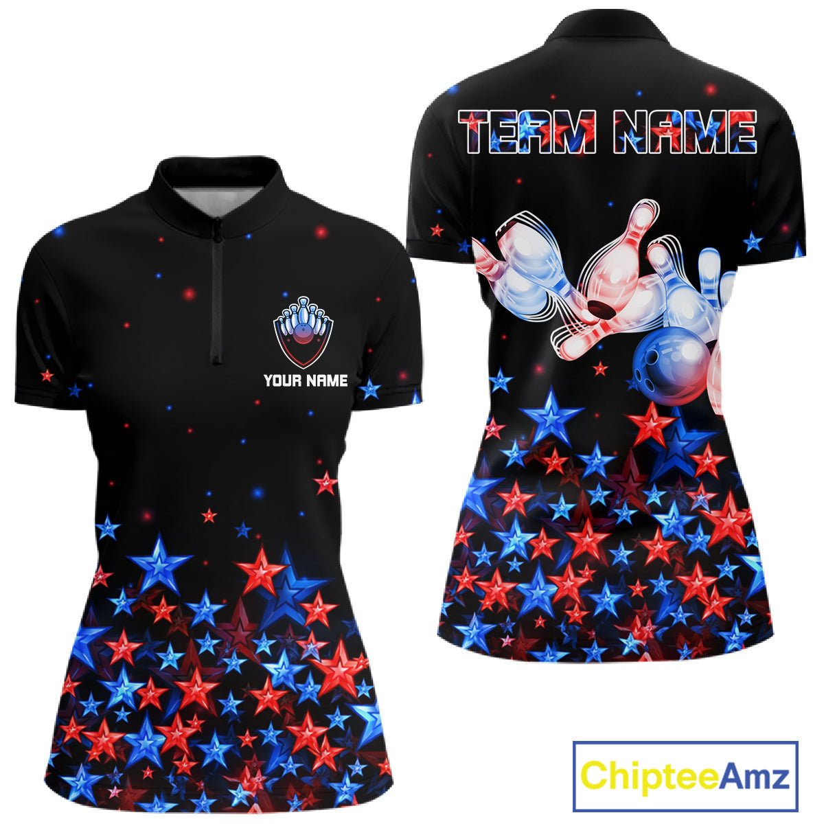 Personalized Mens Bowling Shirt Red & Blue Star Bowling Ball & Pins Team Bowling Jersey For Men Bowler NYN4515
