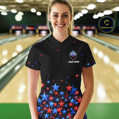 Personalized Mens Bowling Shirt Red & Blue Star Bowling Ball & Pins Team Bowling Jersey For Men Bowler NYN4515