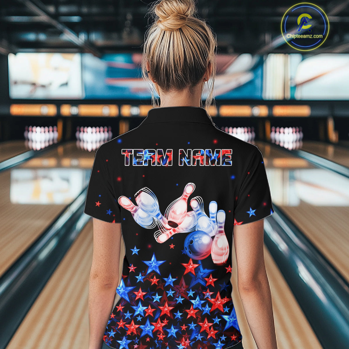 Personalized Mens Bowling Shirt Red & Blue Star Bowling Ball & Pins Team Bowling Jersey For Men Bowler NYN4515