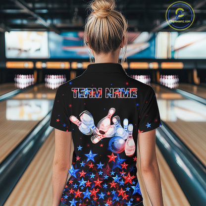 Personalized Mens Bowling Shirt Red & Blue Star Bowling Ball & Pins Team Bowling Jersey For Men Bowler NYN4515