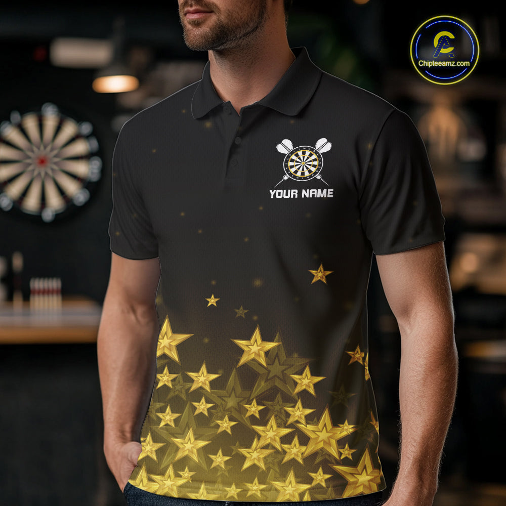 Black & Gold Stars Dartboard Dart Shirt For Men Custom Name Dart Player Team Jersey League NYN4516