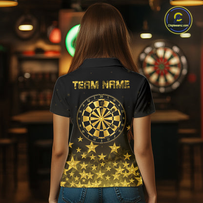 Black & Gold Stars Dartboard Dart Shirt For Women Custom Name Dart Player Team Jersey League NYN4516