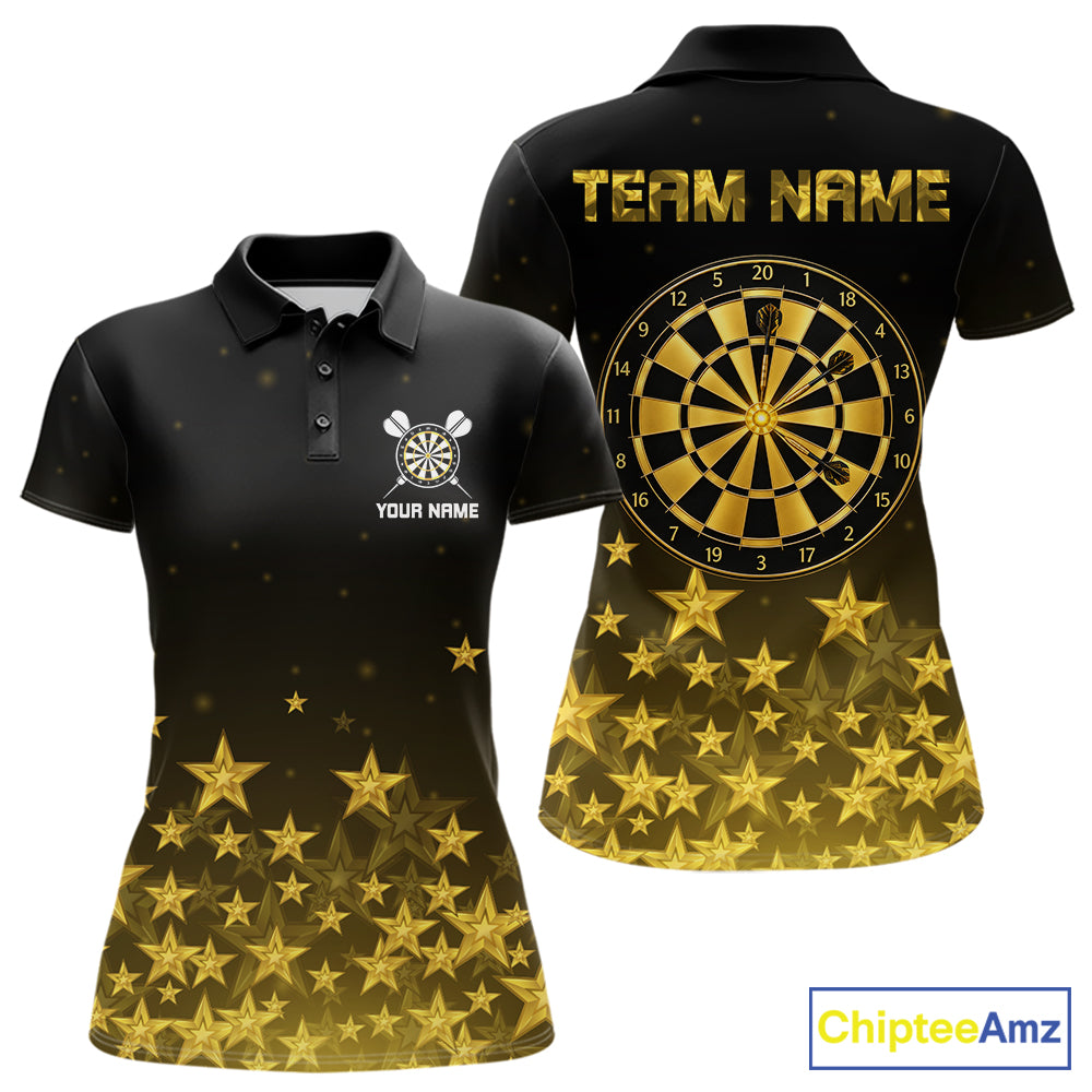 Black & Gold Stars Dartboard Dart Shirt For Women Custom Name Dart Player Team Jersey League NYN4516