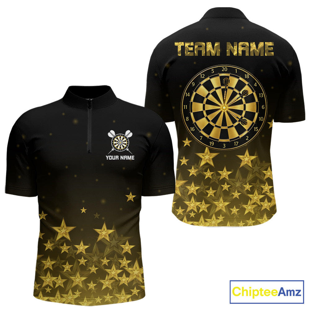 Black & Gold Stars Dartboard Dart Shirt For Men Custom Name Dart Player Team Jersey League NYN4516