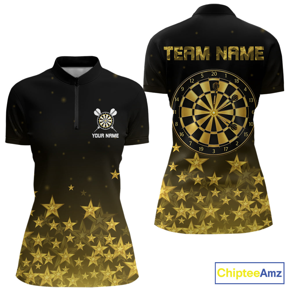 Black & Gold Stars Dartboard Dart Shirt For Women Custom Name Dart Player Team Jersey League NYN4516