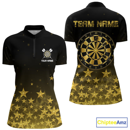 Black & Gold Stars Dartboard Dart Shirt For Women Custom Name Dart Player Team Jersey League NYN4516