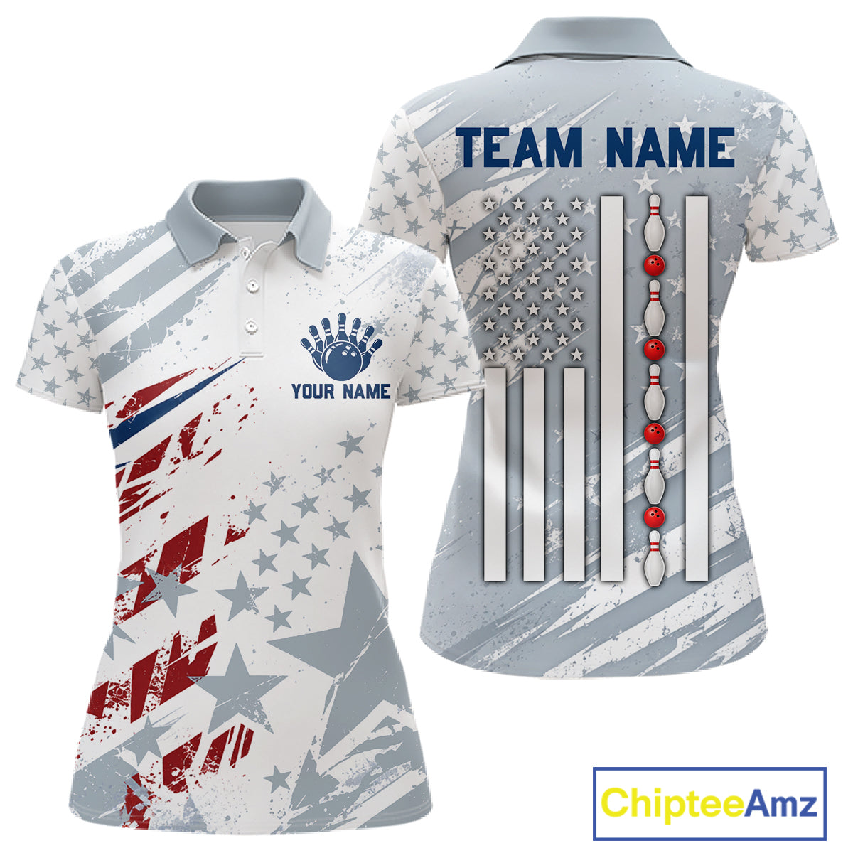 US Flag Patriotic Bowling Polo 1/4-Zip Shirt For Women Custom White & Grey Bowling Tournament Jersey NYN4860