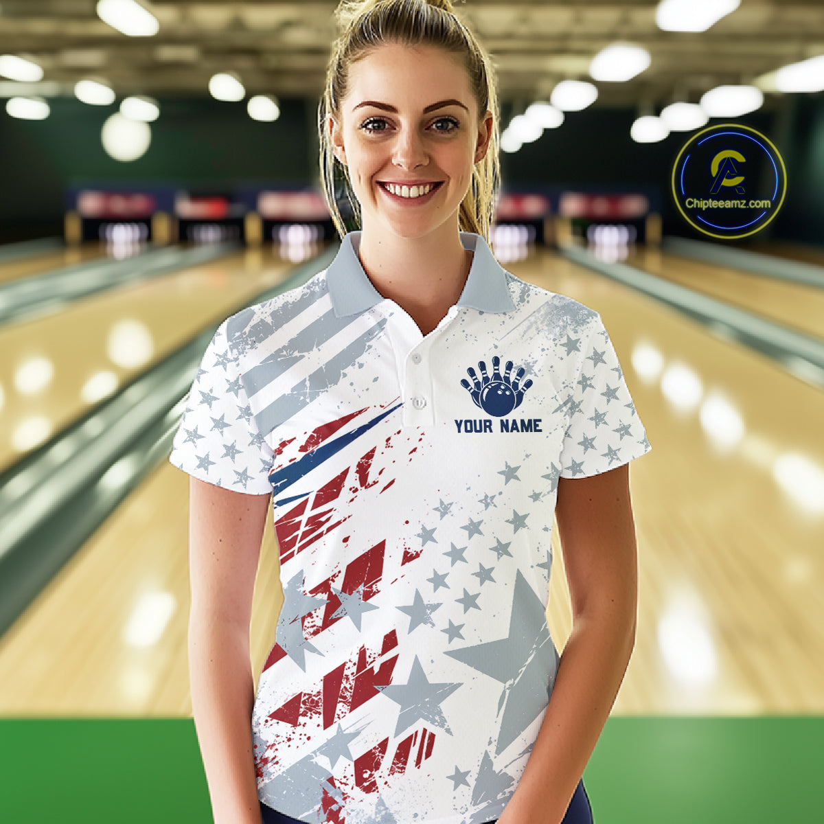 US Flag Patriotic Bowling Polo 1/4-Zip Shirt For Women Custom White & Grey Bowling Tournament Jersey NYN4860