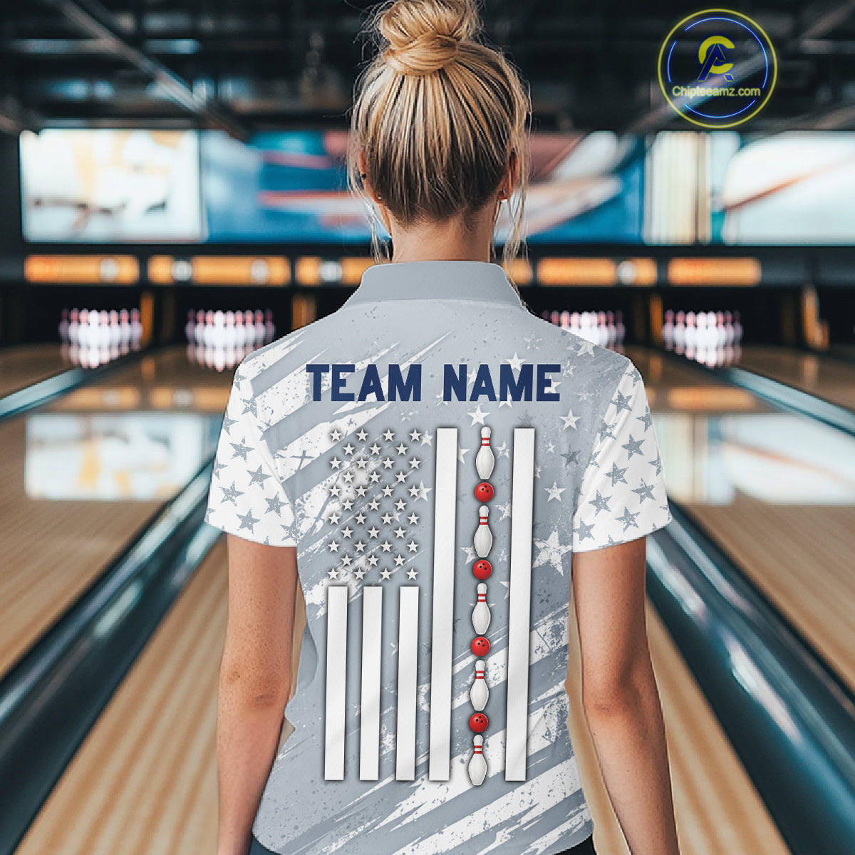 US Flag Patriotic Bowling Polo 1/4-Zip Shirt For Women Custom White & Grey Bowling Tournament Jersey NYN4860
