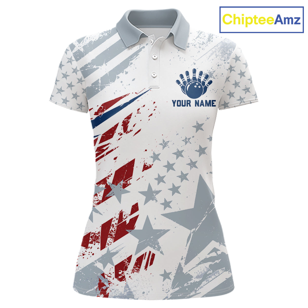 US Flag Patriotic Bowling Polo 1/4-Zip Shirt For Women Custom White & Grey Bowling Tournament Jersey NYN4860