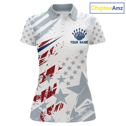 US Flag Patriotic Bowling Polo 1/4-Zip Shirt For Women Custom White & Grey Bowling Tournament Jersey NYN4860