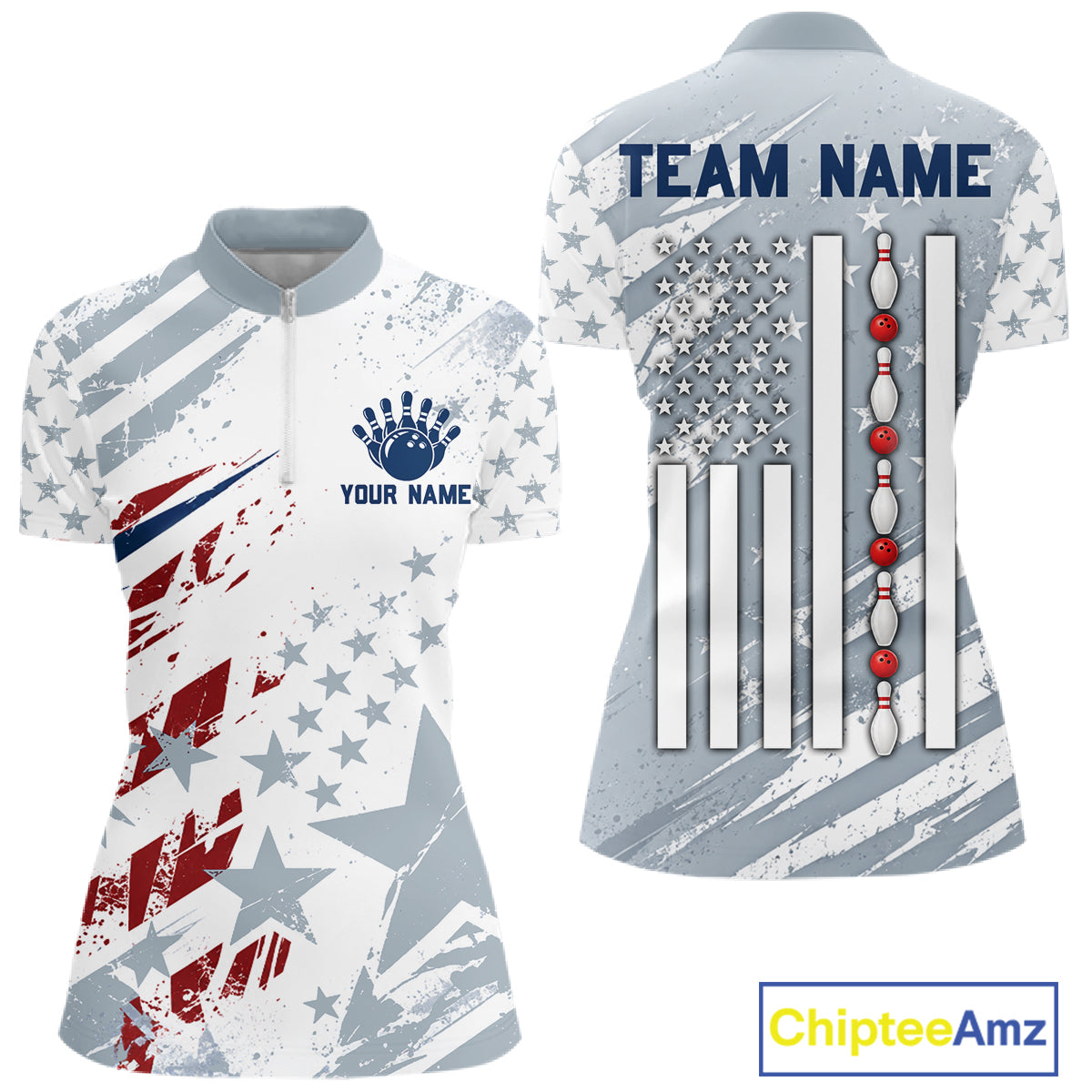 US Flag Patriotic Bowling Polo 1/4-Zip Shirt For Women Custom White & Grey Bowling Tournament Jersey NYN4860