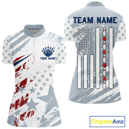 US Flag Patriotic Bowling Polo 1/4-Zip Shirt For Women Custom White & Grey Bowling Tournament Jersey NYN4860