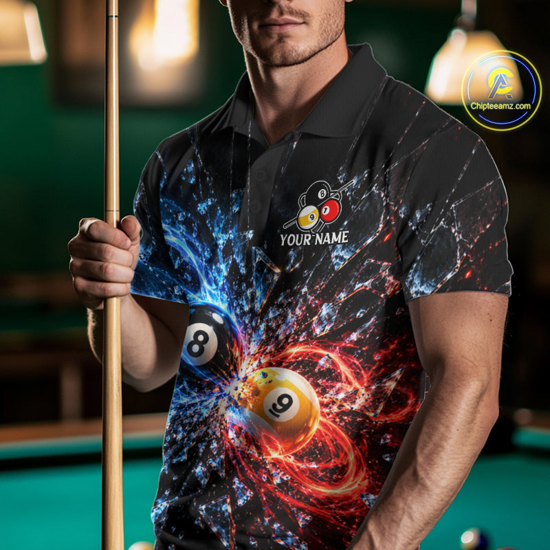 Broken Glass 8 Ball 9 Ball Pool Billiard Shirt For Men Custom Flame Billiard Polo 1/4-Zip Team Shirt NYN4869