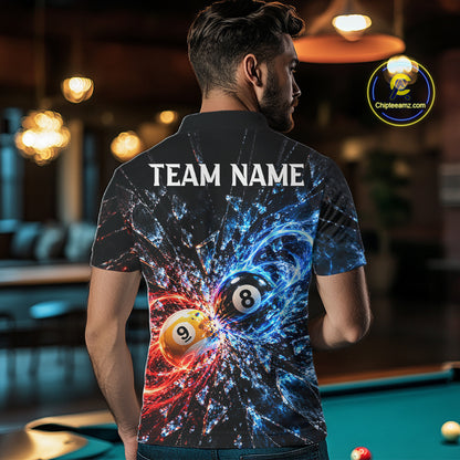 Broken Glass 8 Ball 9 Ball Pool Billiard Shirt For Men Custom Flame Billiard Polo 1/4-Zip Team Shirt NYN4869