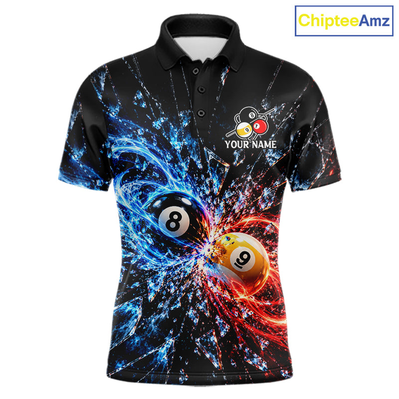 Broken Glass 8 Ball 9 Ball Pool Billiard Shirt For Men Custom Flame Billiard Polo 1/4-Zip Team Shirt NYN4869