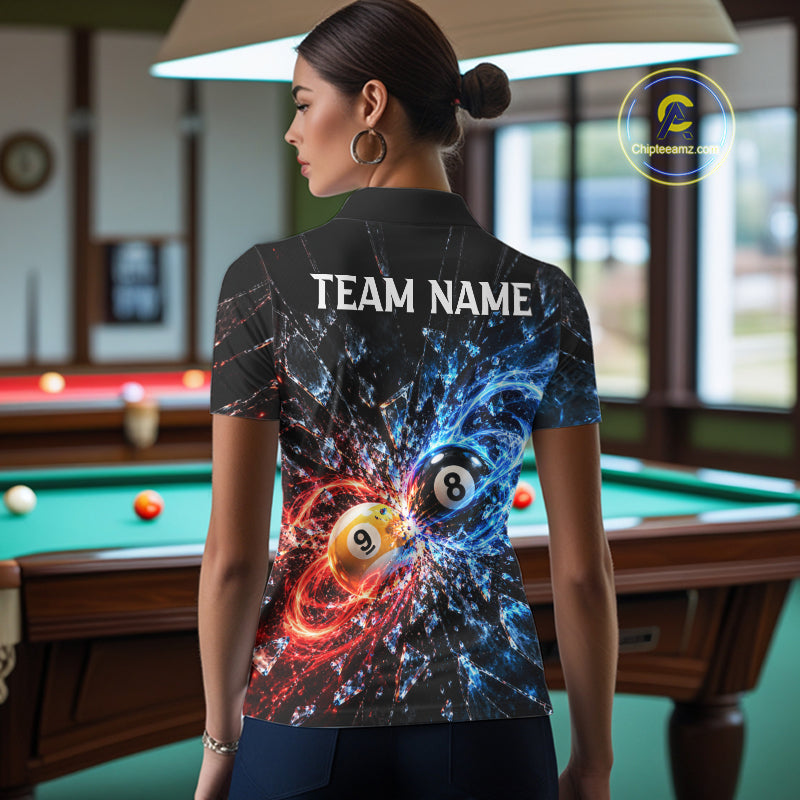 Broken Glass 8 Ball 9 Ball Pool Billiard Shirt For Women Custom Flame Billiard Polo 1/4-Zip Team Shirt NYN4869