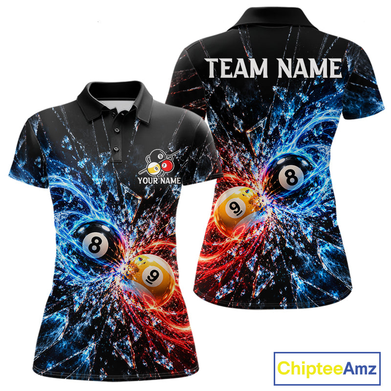 Broken Glass 8 Ball 9 Ball Pool Billiard Shirt For Women Custom Flame Billiard Polo 1/4-Zip Team Shirt NYN4869