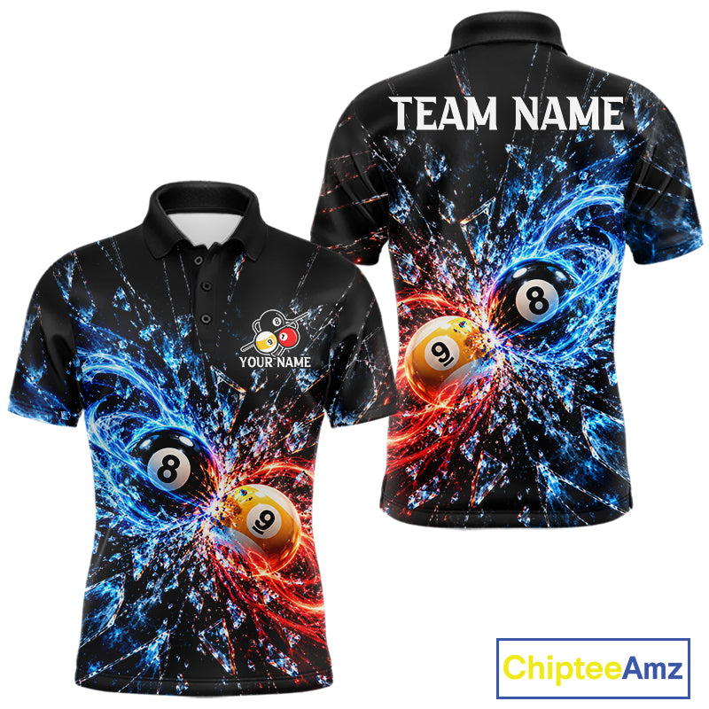 Broken Glass 8 Ball 9 Ball Pool Billiard Shirt For Men Custom Flame Billiard Polo 1/4-Zip Team Shirt NYN4869