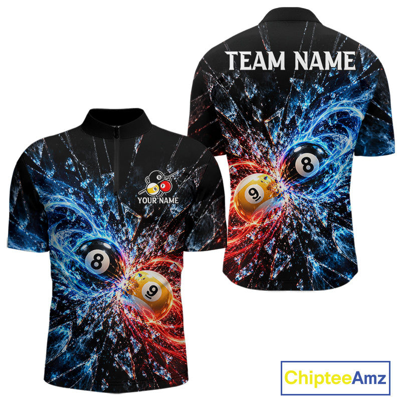 Broken Glass 8 Ball 9 Ball Pool Billiard Shirt For Men Custom Flame Billiard Polo 1/4-Zip Team Shirt NYN4869