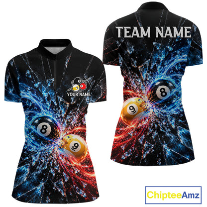 Broken Glass 8 Ball 9 Ball Pool Billiard Shirt For Women Custom Flame Billiard Polo 1/4-Zip Team Shirt NYN4869
