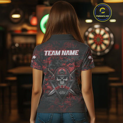 Skull Warrior Red Digital Camo Custom Funny Darts Polo Shirt For Women Dart Jerseys NYN1951