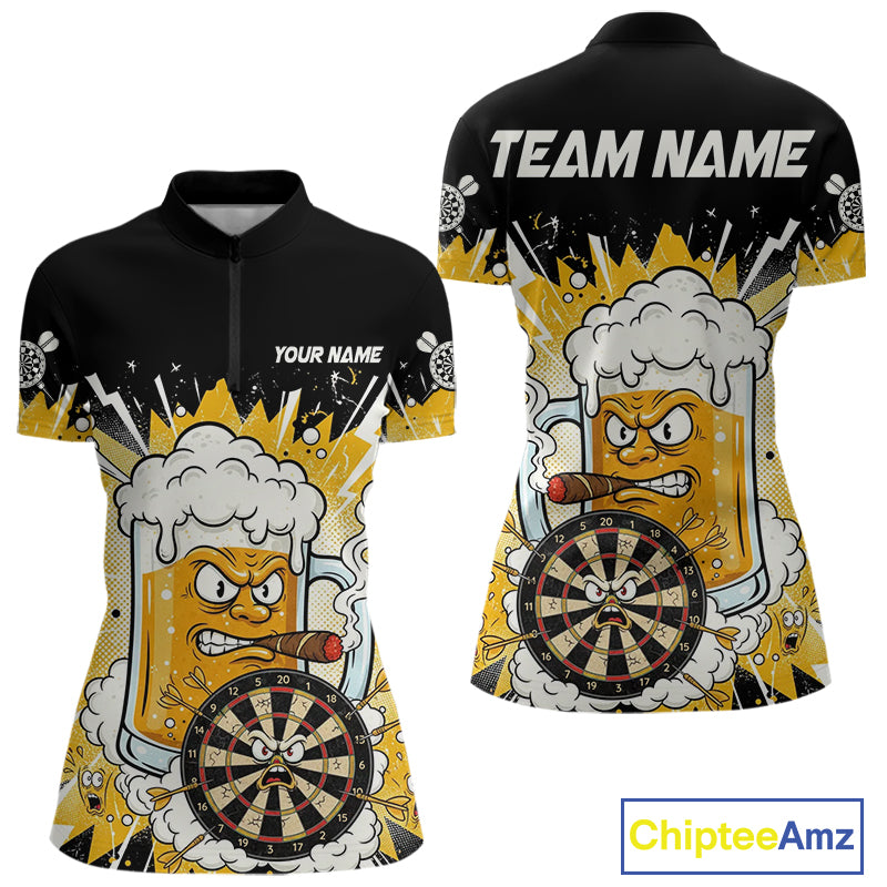 Beer Mascot Smoking Dartboard Custom Women Darts Quarter-Zip Shirt Funny Funny Dart Jerseys NYN1957