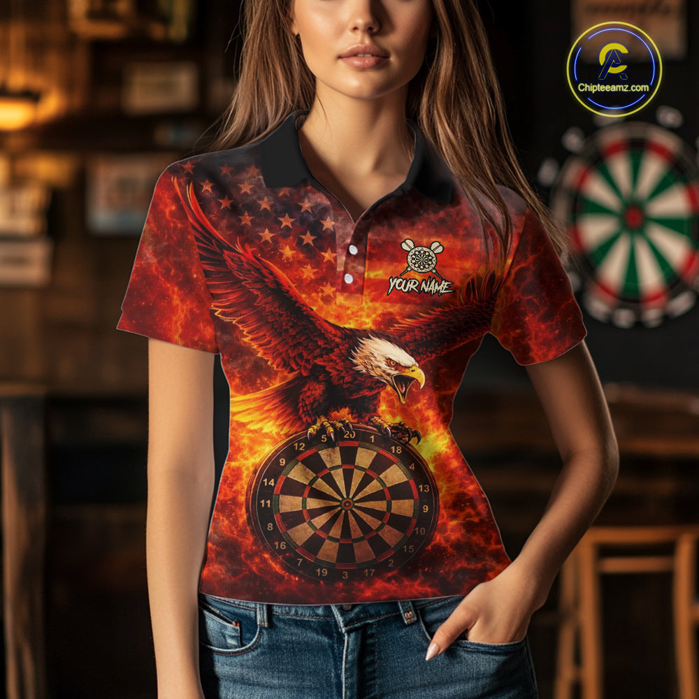 US Flag Eagle Flame Dartboard Darts Polo Shirts For Women Custom Patriotic Dart Team Jerseys NYN2507