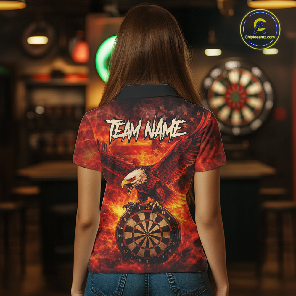 US Flag Eagle Flame Dartboard Darts Polo Shirts For Women Custom Patriotic Dart Team Jerseys NYN2507