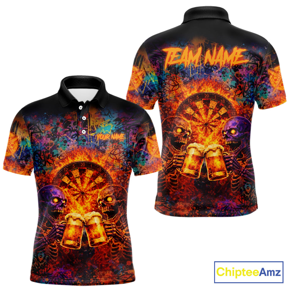 Funny Skeleton Cheer Beer Flame Men Darts Polo Shirt Custom Graffiti Dart Team Jerseys NYN2513