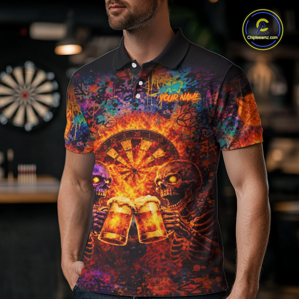 Funny Skeleton Cheer Beer Flame Men Darts Polo Shirt Custom Graffiti Dart Team Jerseys NYN2513